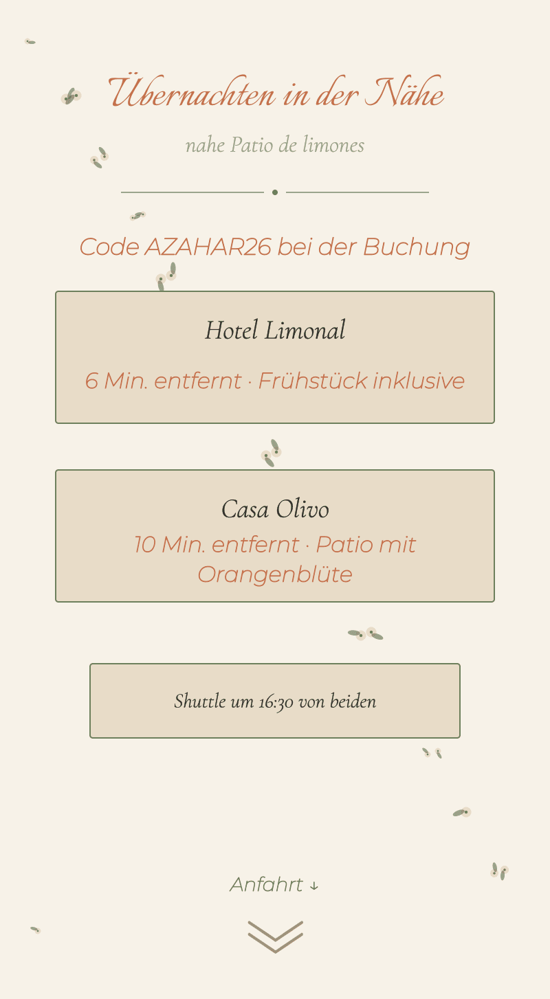 Hochzeit — Orangenblüte — In der Nähe übernachten