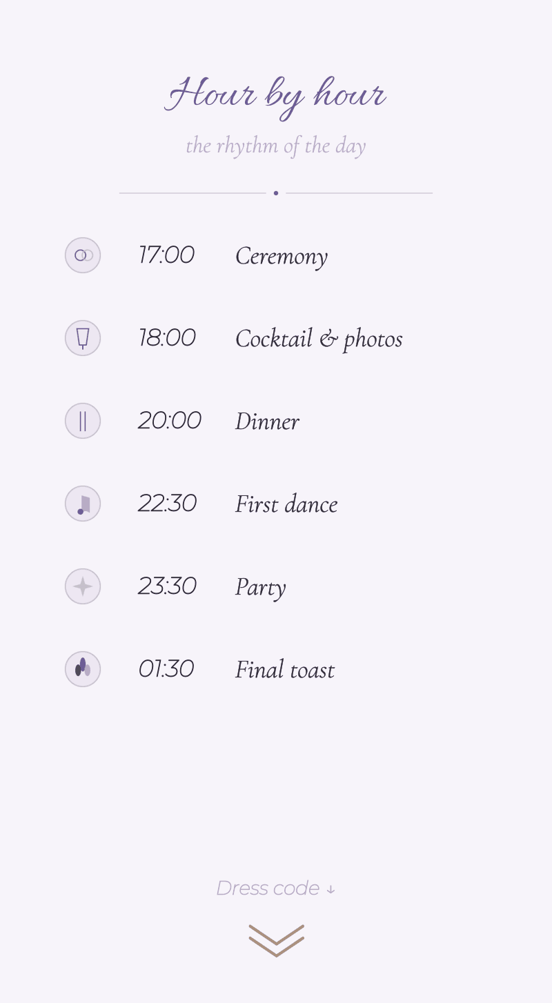 Wedding — Lavender — Hour by hour