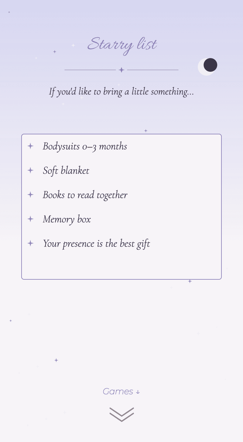 Baby Shower — Honey Moon — Starry list