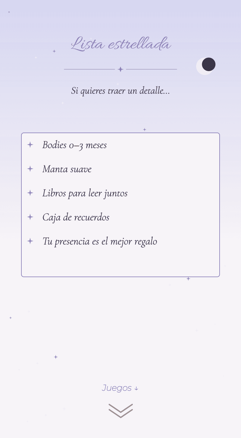 Baby Shower — Luna de Miel — Lista estrellada