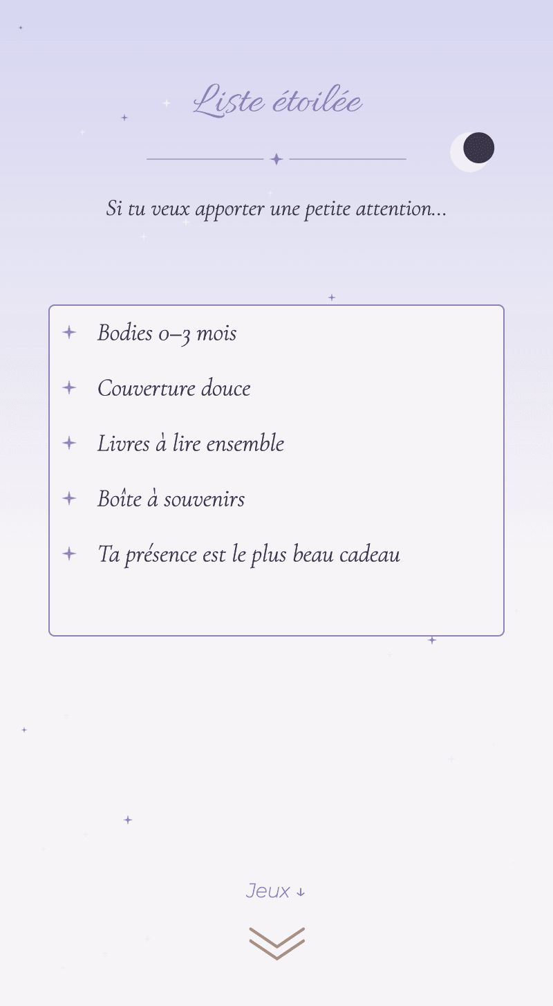 Baby Shower — Lune de Miel — Liste étoilée