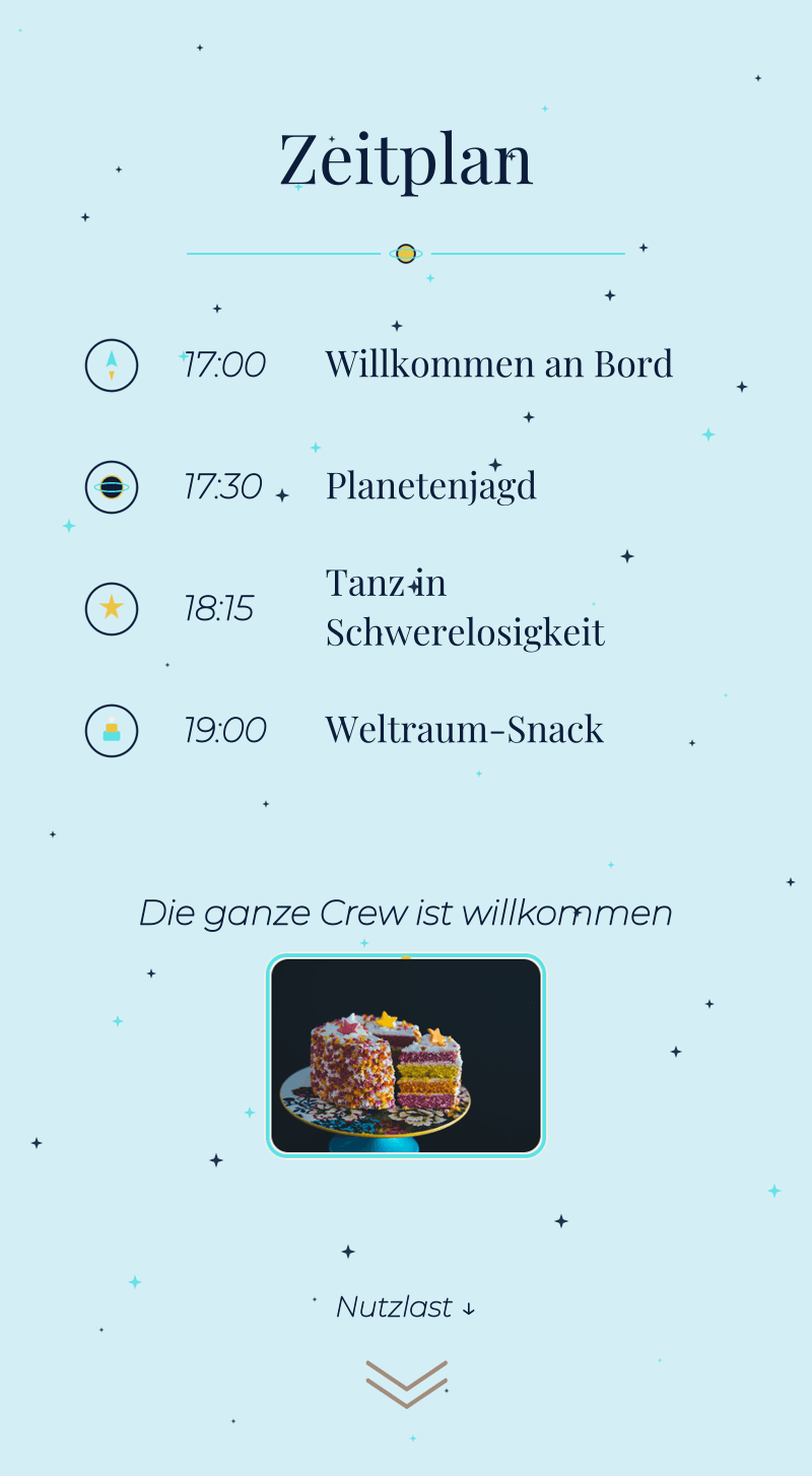 Geburtstag — Weltraum — Orbitaler Zeitplan