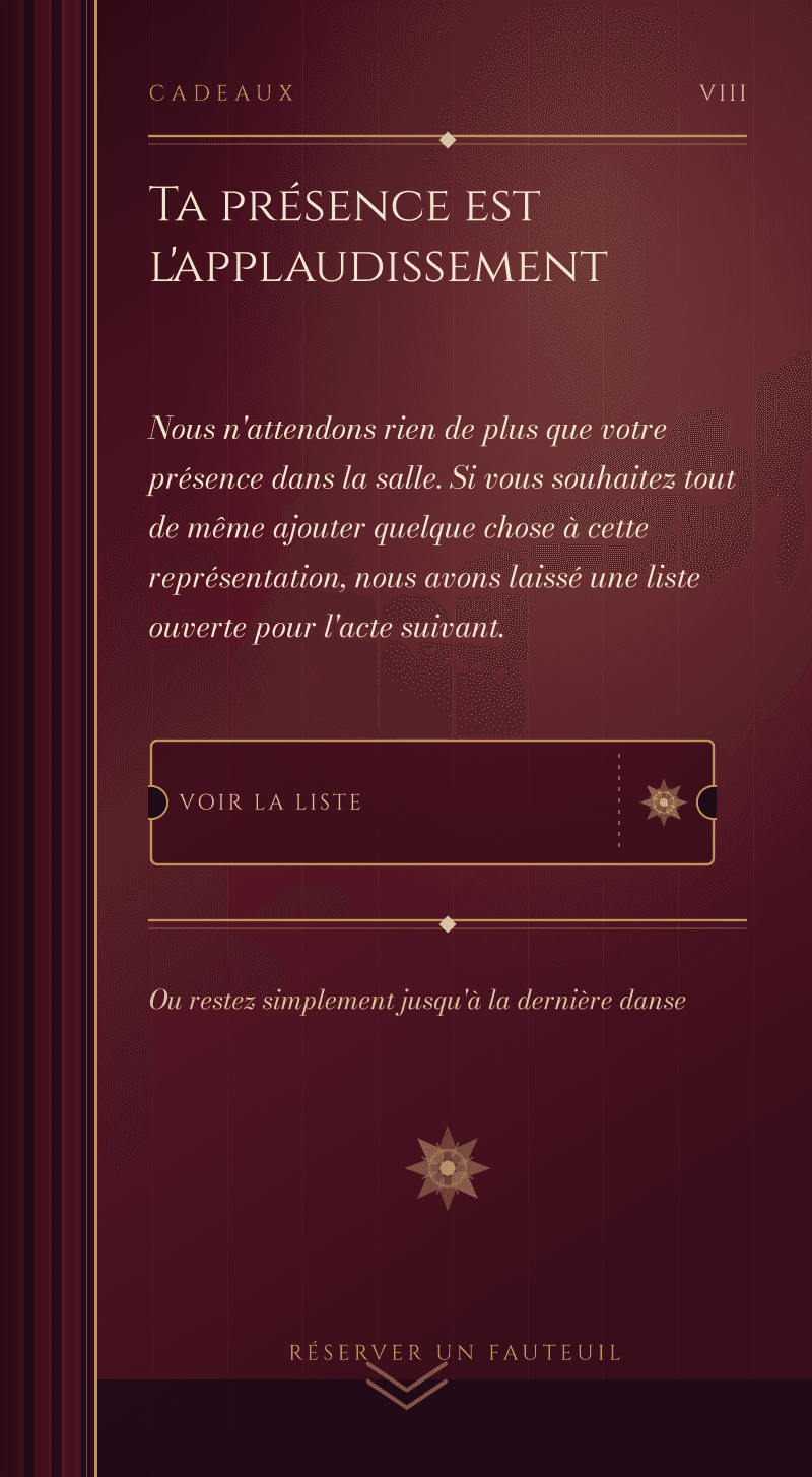 Mariage — Opéra de Minuit — Cadeaux