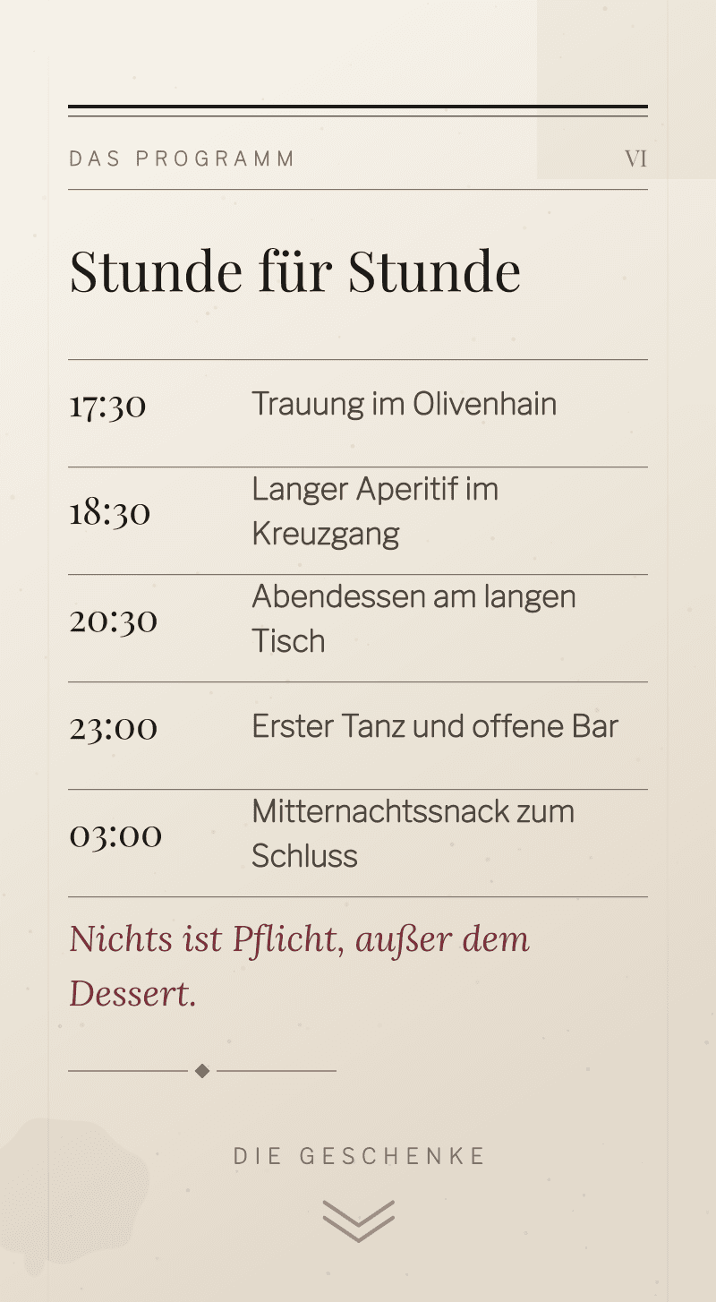 Hochzeit — Tinte und Leinen — Das Programm