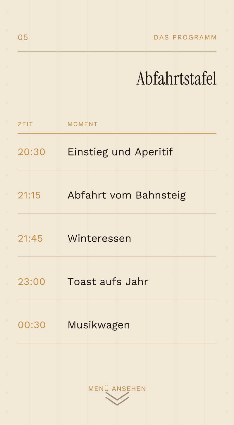 Firmenfeier — Der Dezember-Express — Abfahrtstafel
