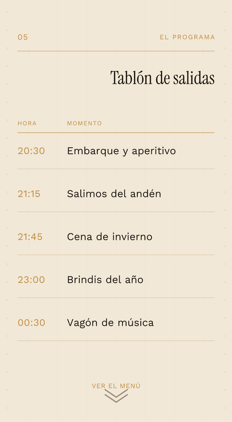 Corporativo — El Expreso de Diciembre — Tablón de salidas