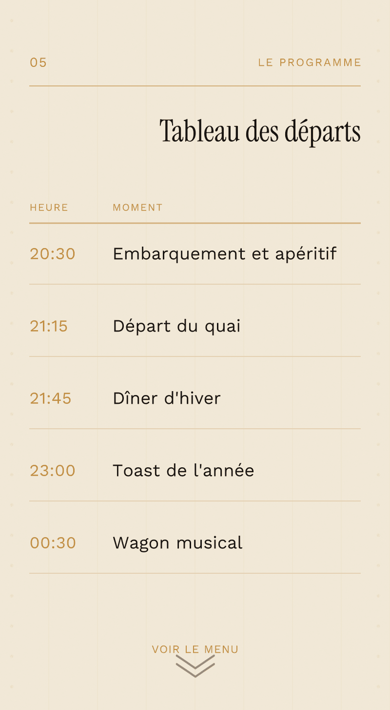 Entreprise — L'Express de Décembre — Tableau des départs