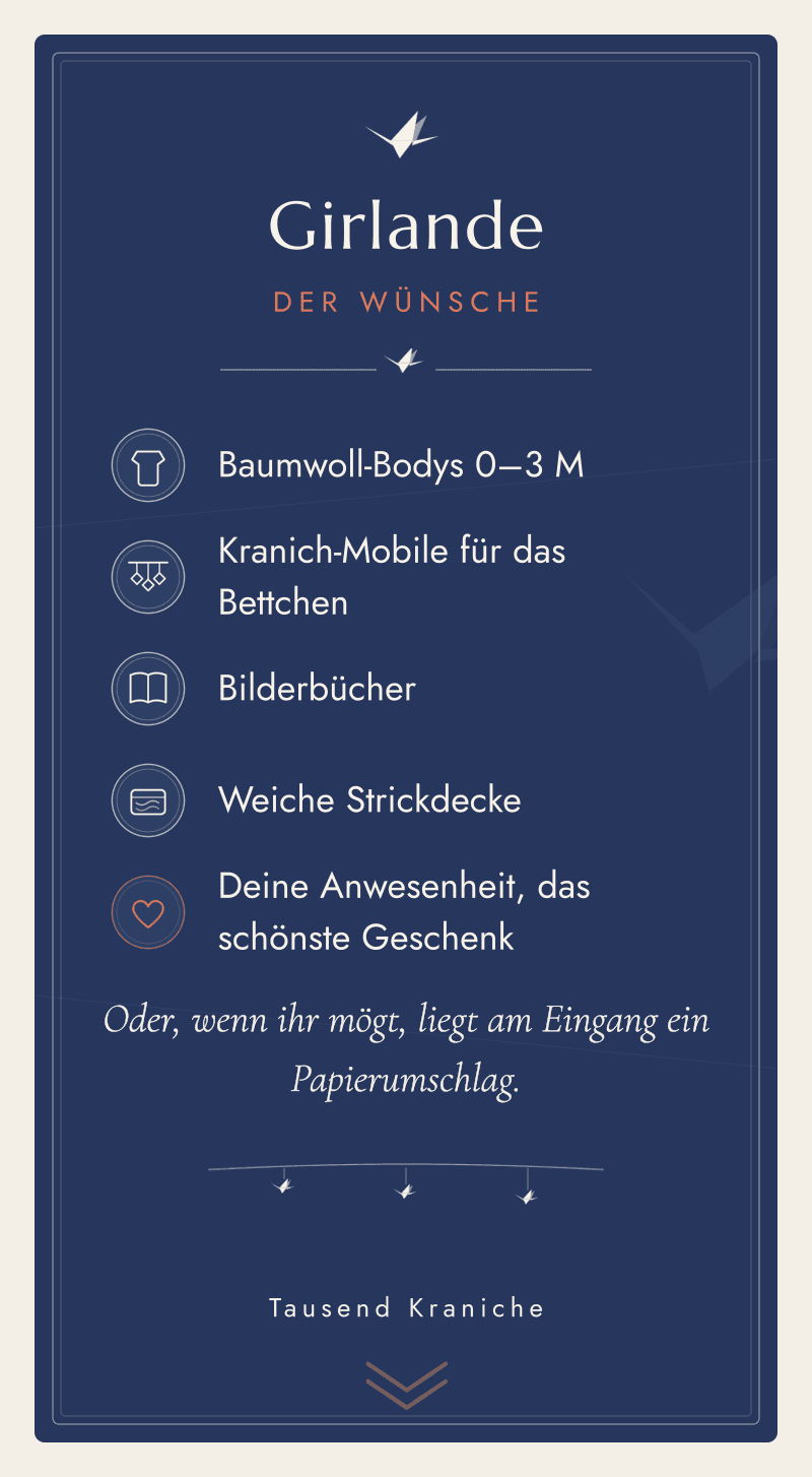 Baby Shower — Papierkraniche — Girlande der Wünsche
