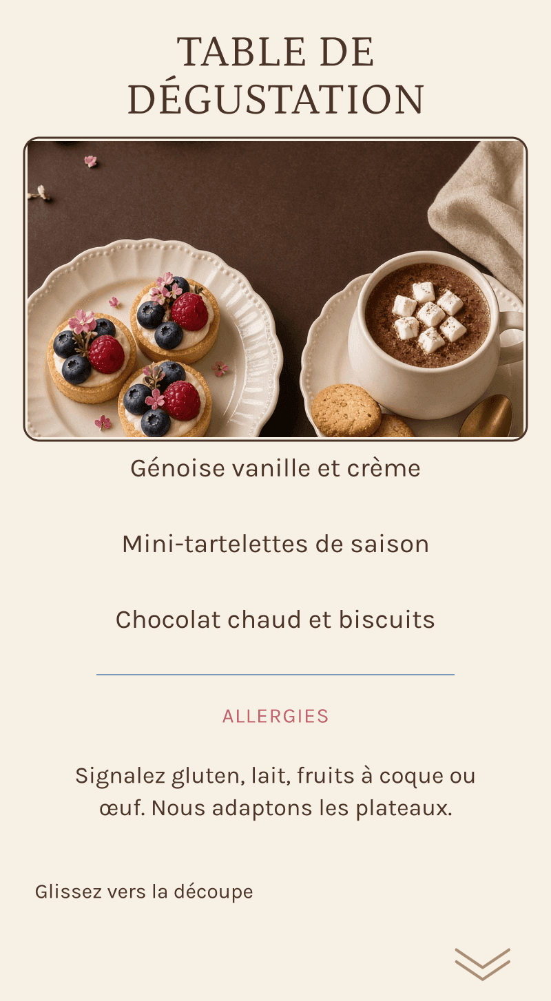 Révélation du genre — La pâtisserie du secret — Table de dégustation