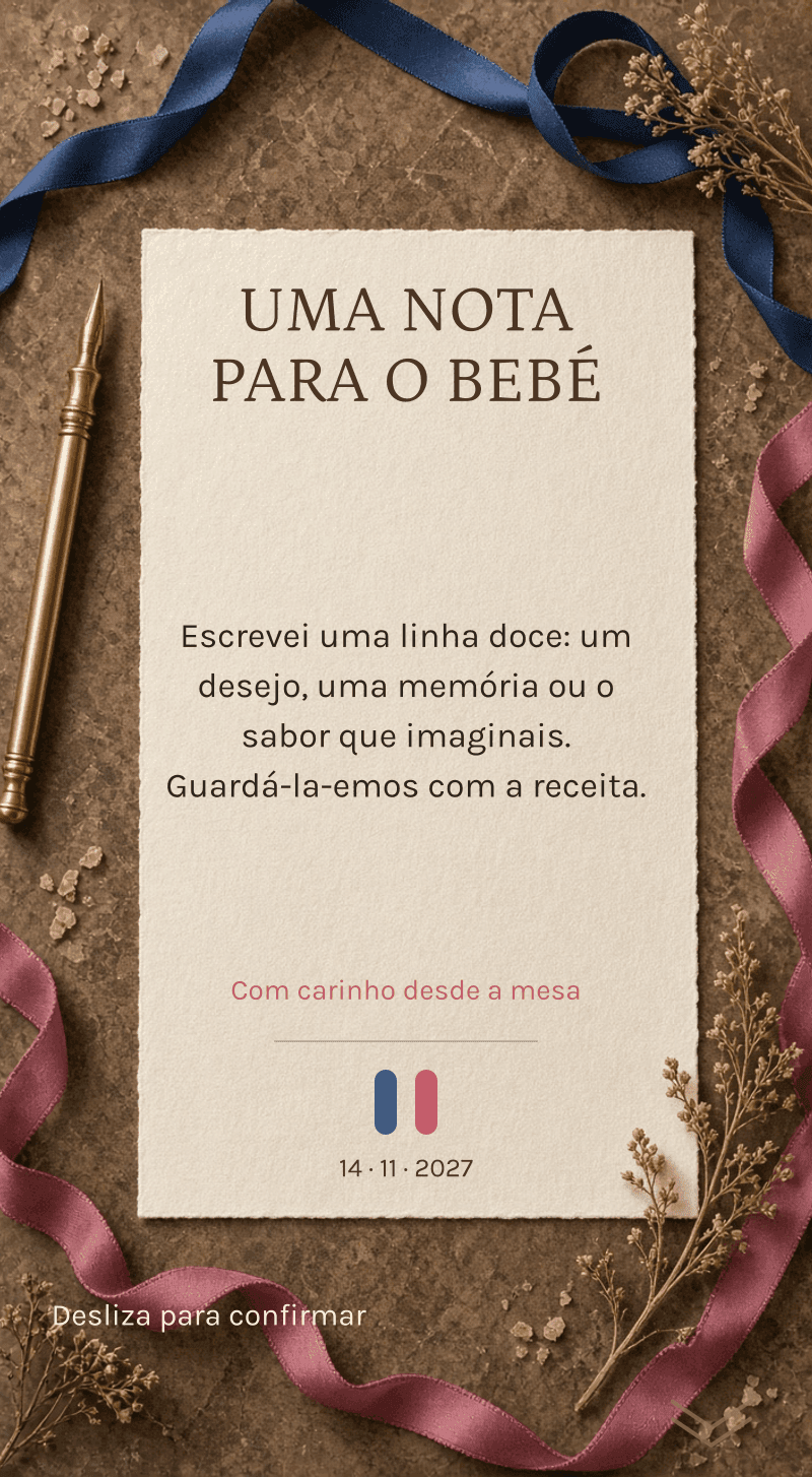 Revelação do género — A pastelaria do segredo — Uma nota para o bebé